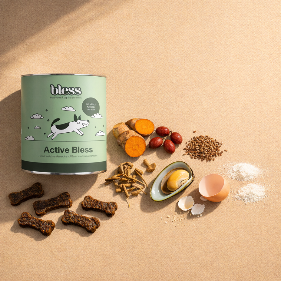 Bless Active Bless Dose mit Zutaten und Hundesnacks auf hellem Untergrund
