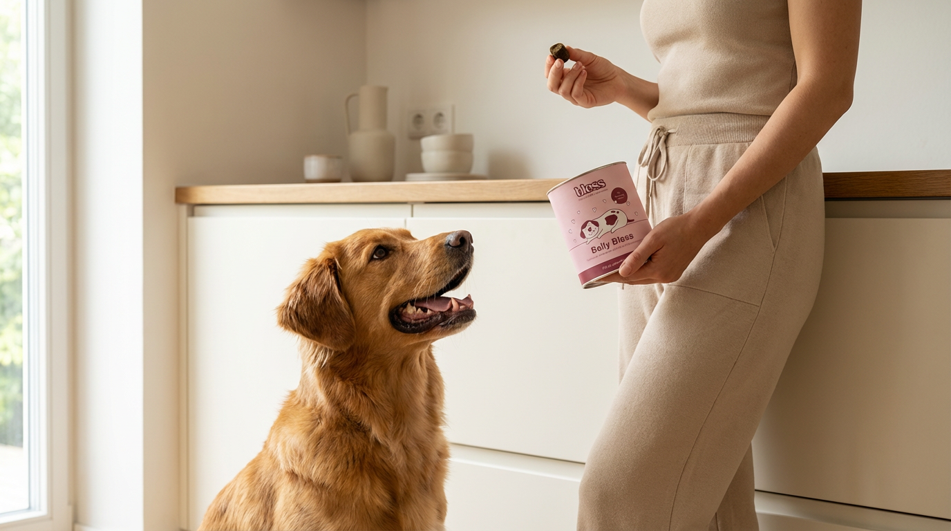 Hund schaut erwartungsvoll auf ein Leckerli, Person hält Bless Belly Bless Dose in heller Küche