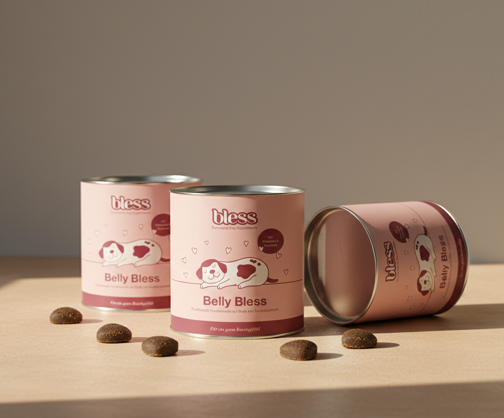 Drei Bless Belly Bless Dosen mit weichen Hundesnacks vor neutralem Hintergrund