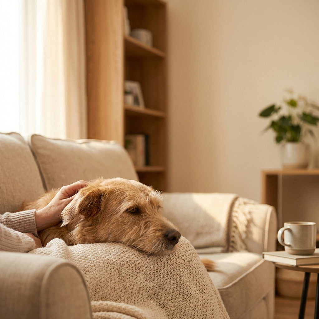 Gemütliche Wohnszene mit Sofa im warmen Licht