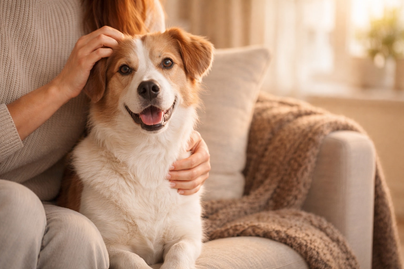 Person streichelt einen freundlichen Hund auf dem Sofa in warmem Tageslicht