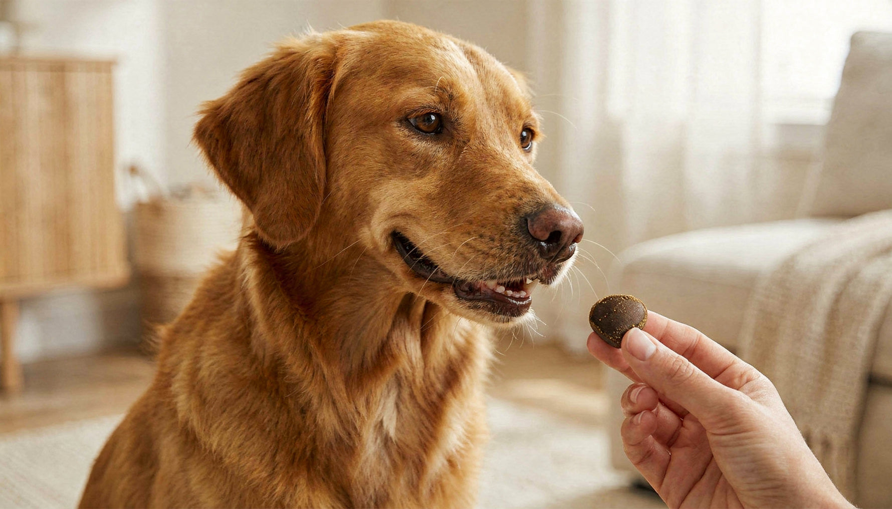 Hund nimmt ein weiches Leckerli aus der Hand in einem hellen Wohnzimmer