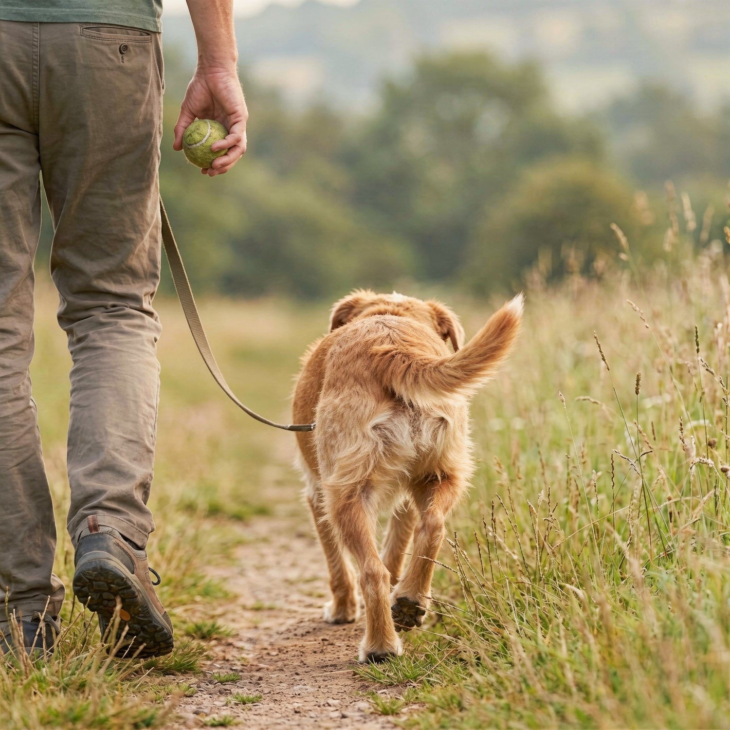 Person geht mit einem Hund an der Leine im Grünen