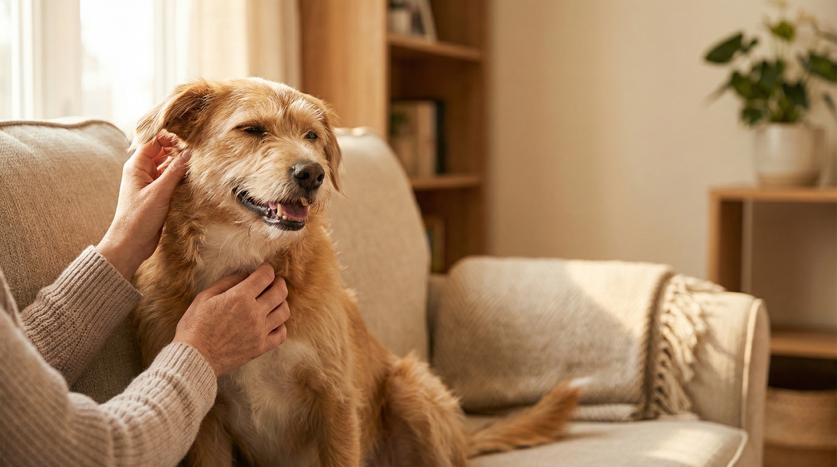 Person streichelt einen entspannten Hund auf dem Sofa in einem warmen Wohnzimmer