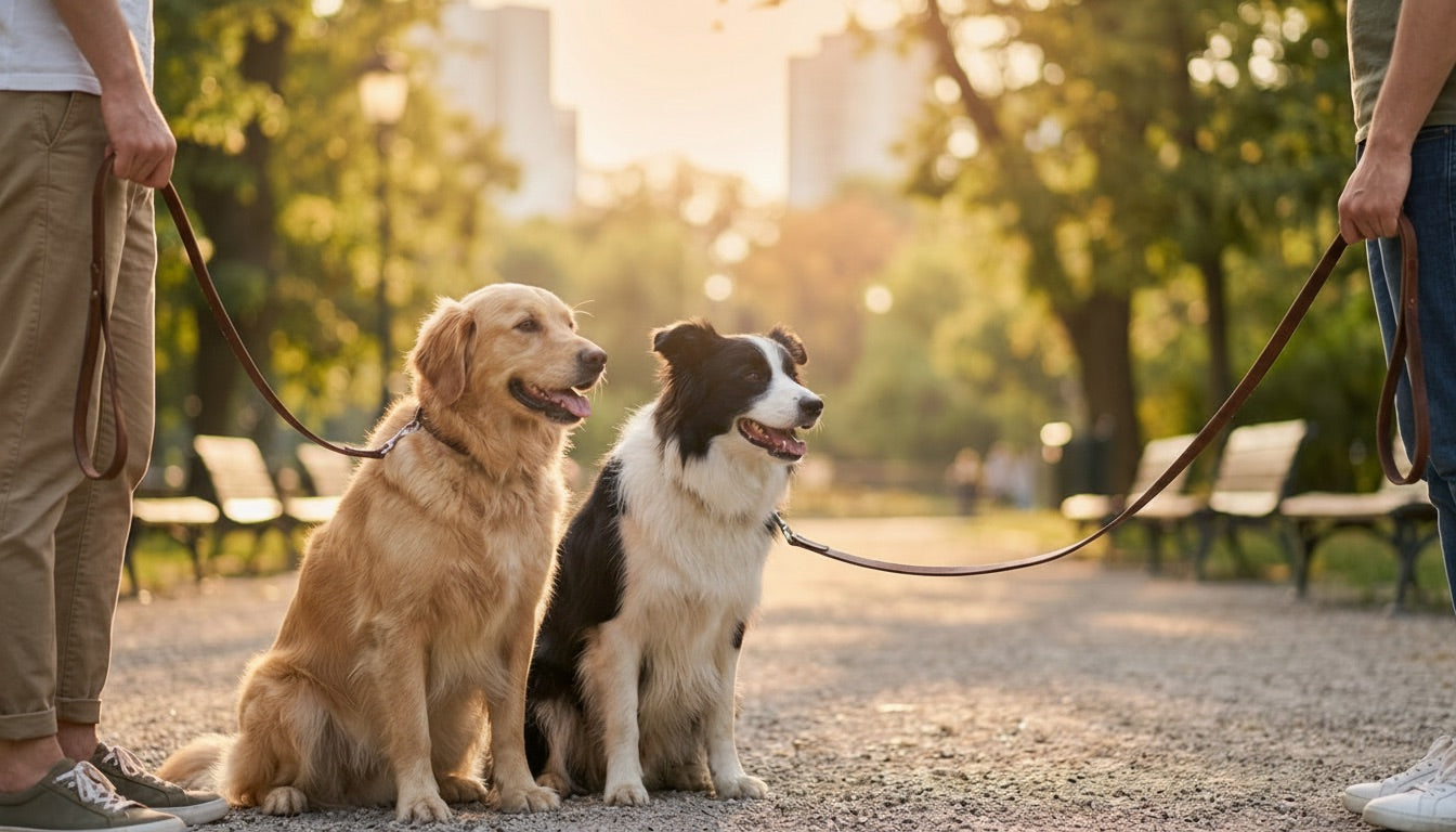 Zwei Hunde sitzen an der Leine in einem Park bei warmem Abendlicht