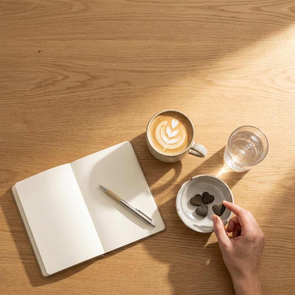 Draufsicht auf Schreibtisch mit Notizbuch und Kaffee